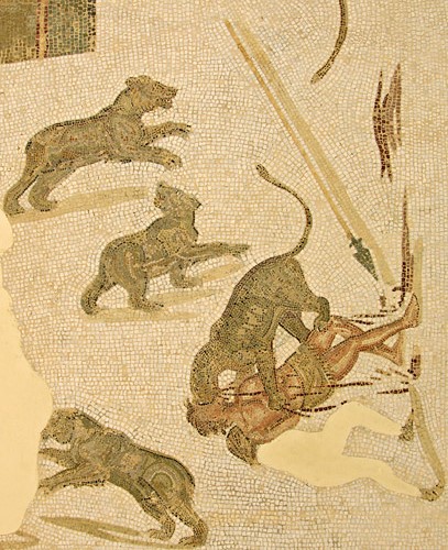 Roman criminals being executed inthe area, ad bestias, by wild animals.